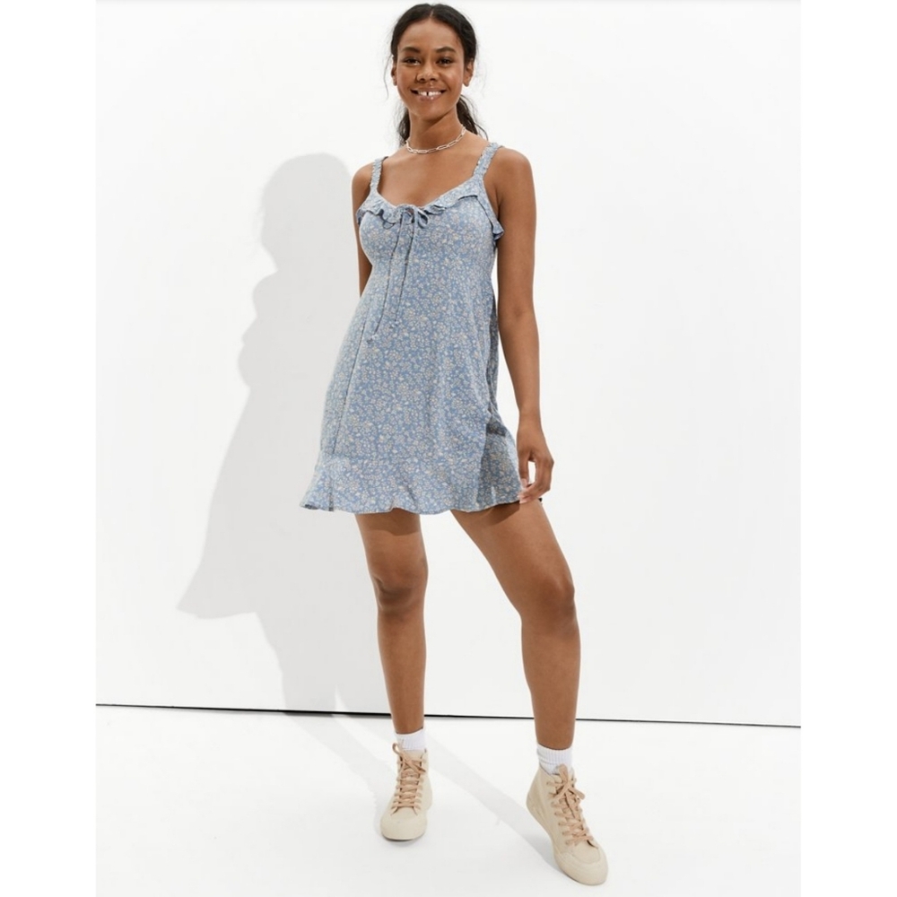 American Eagle Blue Floral Ruffle Lace Up Babydoll Mini Dress